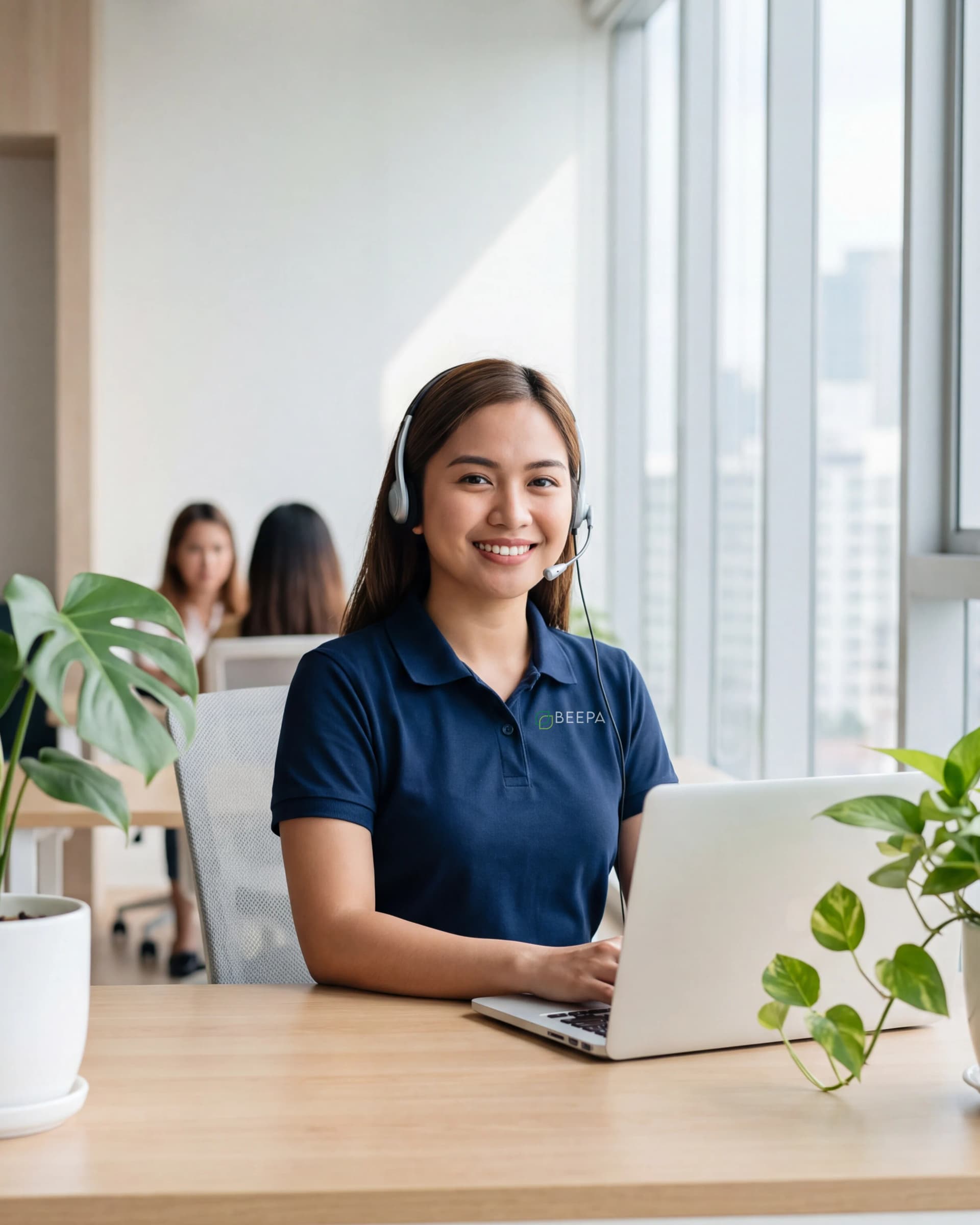 Filipina support specialist wearing a Beepa uniform in a bright office