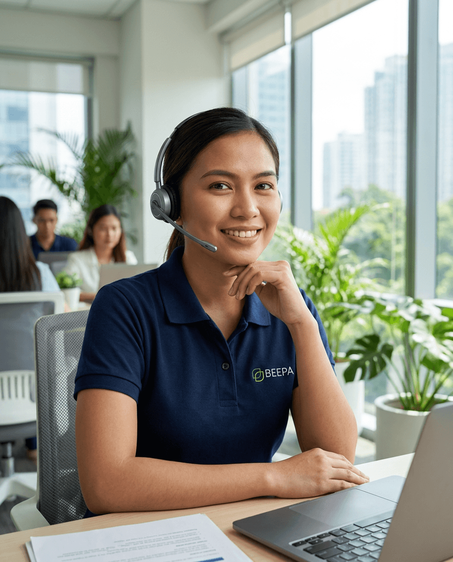 Filipina support specialist wearing a Beepa uniform in a bright office