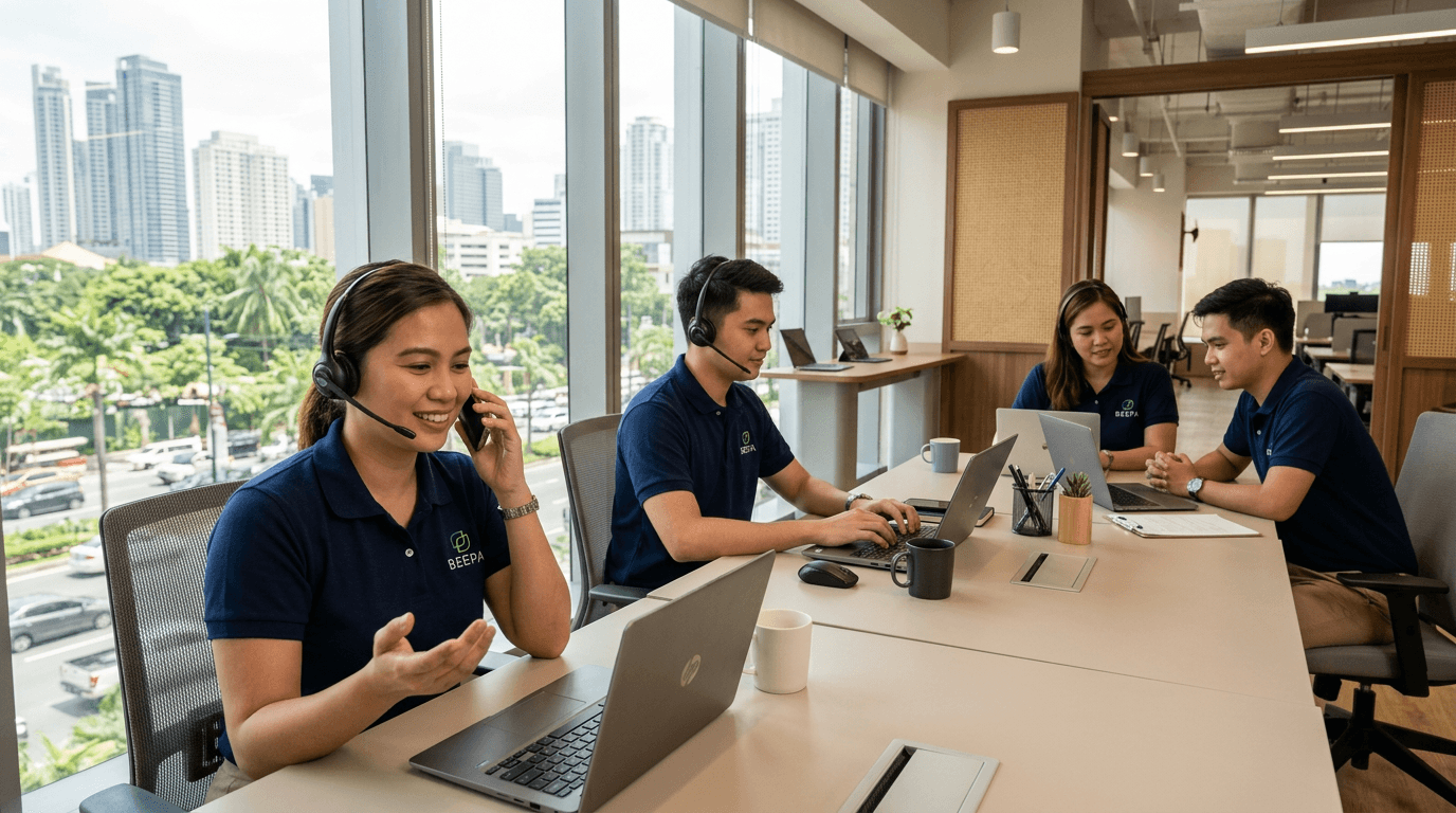 A Filipino Beepa team collaborating and supporting customers in a modern office